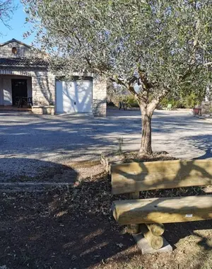 Gîte Nature courtyard with its olive tree and wooden bench